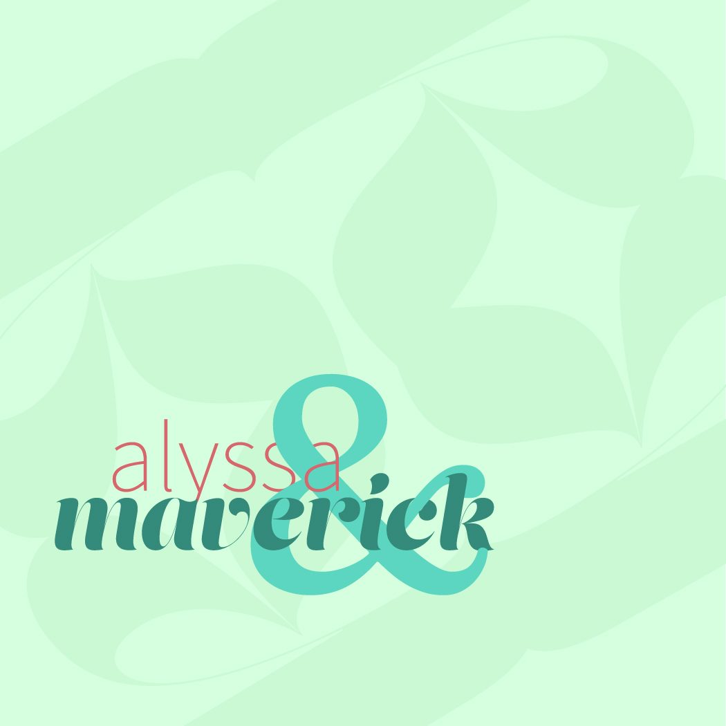 Typographic logo mark reading alyssa & maverick on a mint green background