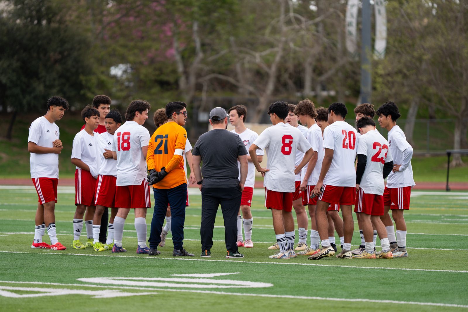 High school soccer team huddled on the field